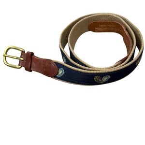 Leather Man Ltd Navy Blue Oyster Shell Embroidered Surcingle Belt Brass Buckle